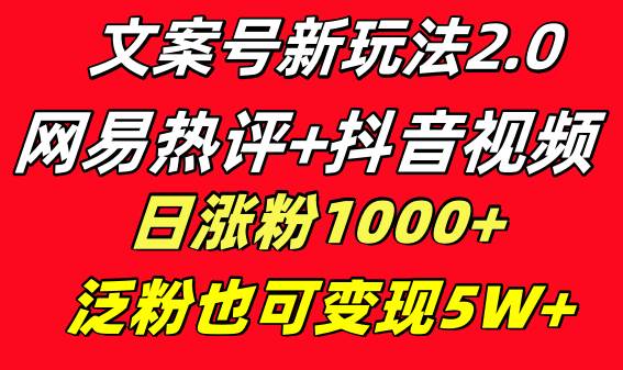 （送详细操作教程）文案号新玩法，网易云热评+抖音文案号，一个月涨粉百万，小白简单无脑操作，2024年风口项目-聚财技资源库