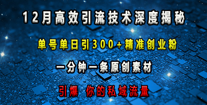 12月高效引流技术深度解析，单号单日精准引流300+创业粉，一分钟原创素材速成，引爆私域流量！-聚财技资源库